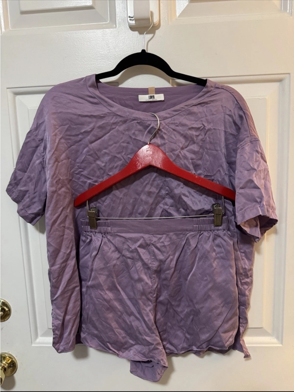 Lunya Washable Silk Pajama Set XS Purple Short Sleeve Tee Shorts